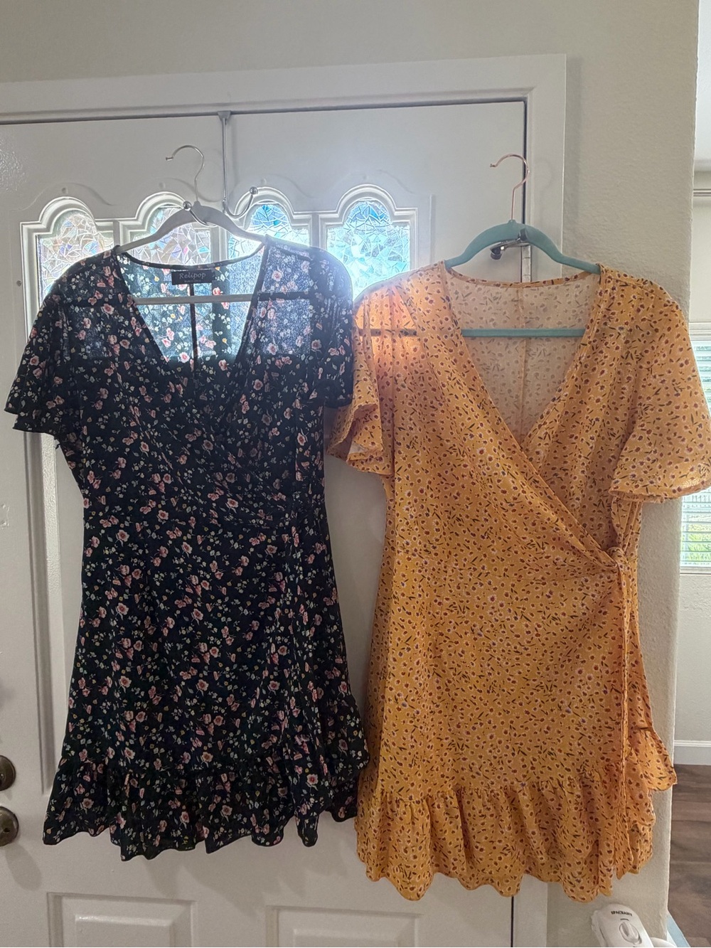 Large Yellow & Dark Green Floral Wrap Mini Dresses ( BOGO)